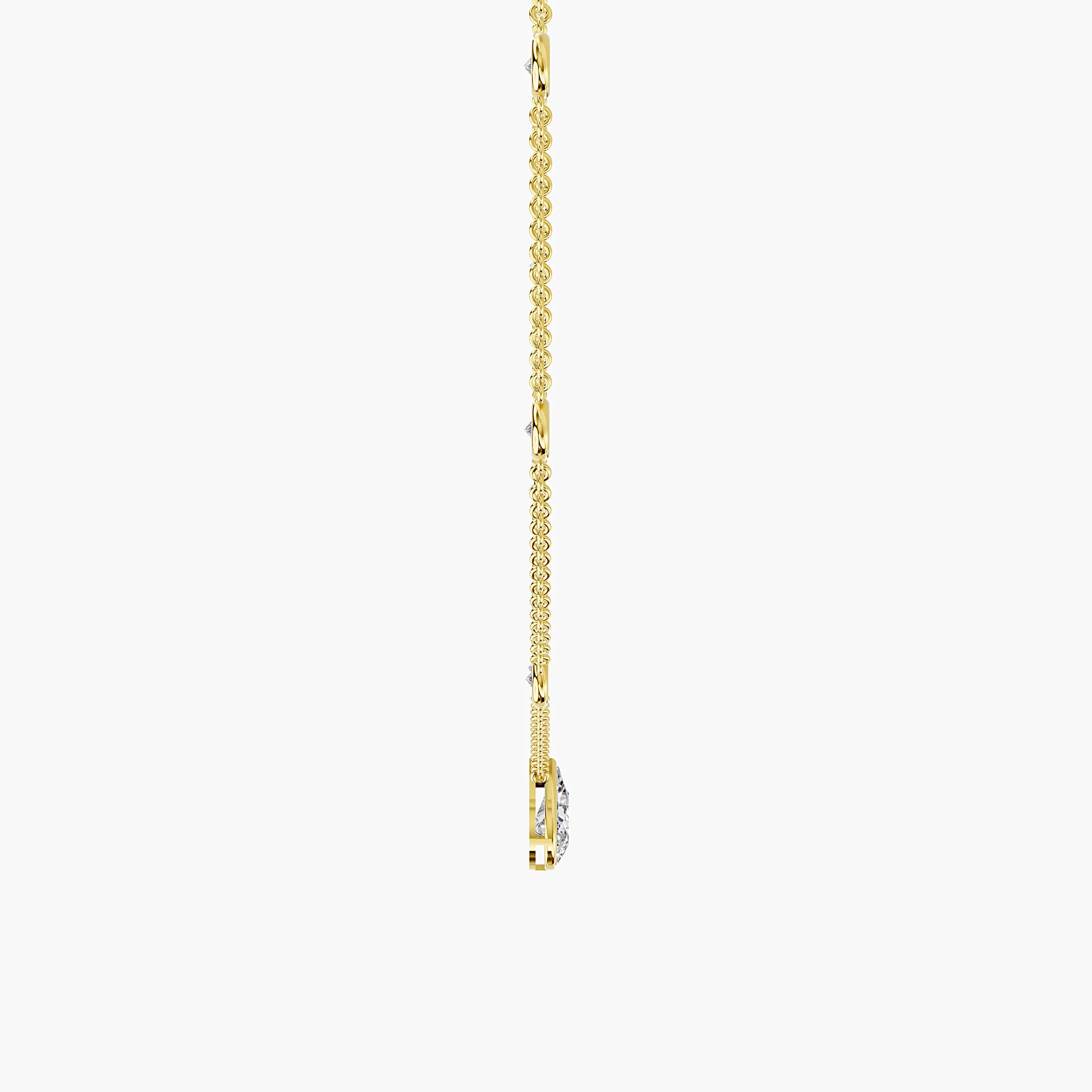 Pear-shaped diamond drop necklace with six round diamond stations spaced along a delicate chain.